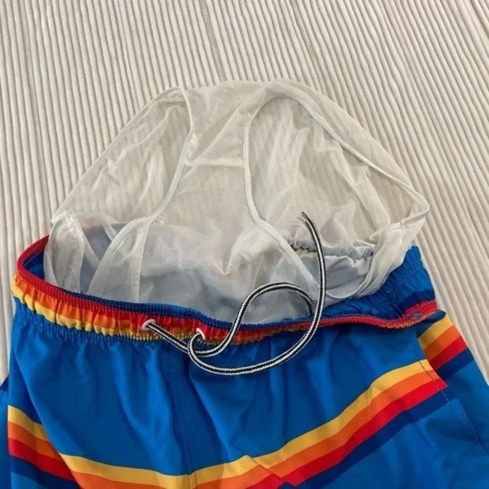 Speedo Mens Swim Trunks M Blue Stripe Quick Dry Beach Swim Shorts Liner